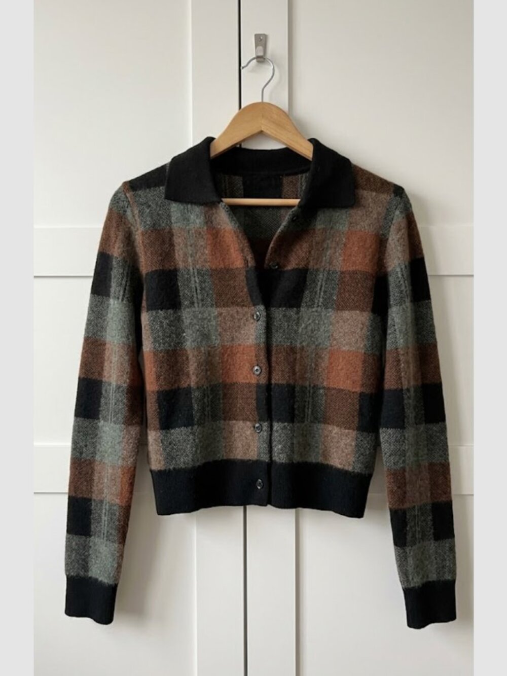 Vince Checked Plaid Cashmere Polo Cardigan Cacao Brown Black Button Front - Picture 6 of 6